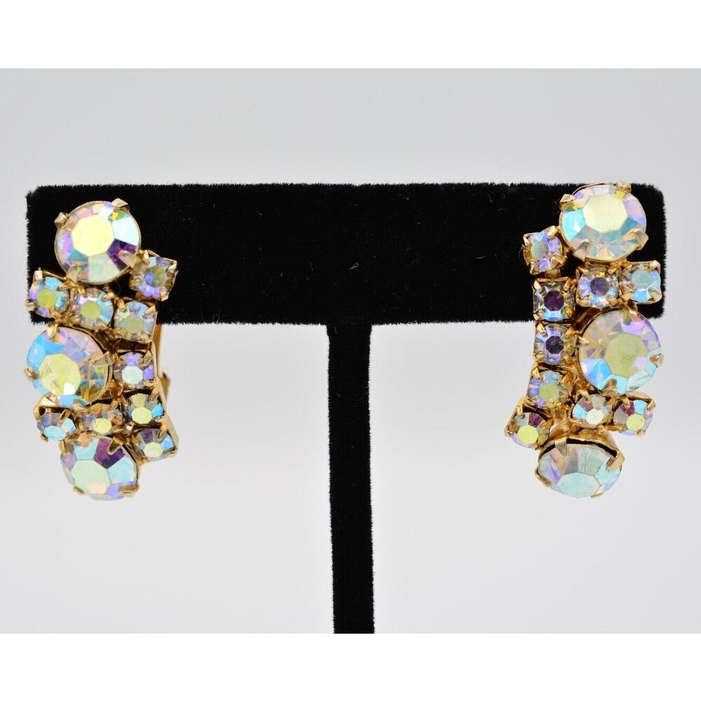 Vintage Crystal Clip On Earrings Sparkling Rhinestone AB Gold Tone 1980s BinAA